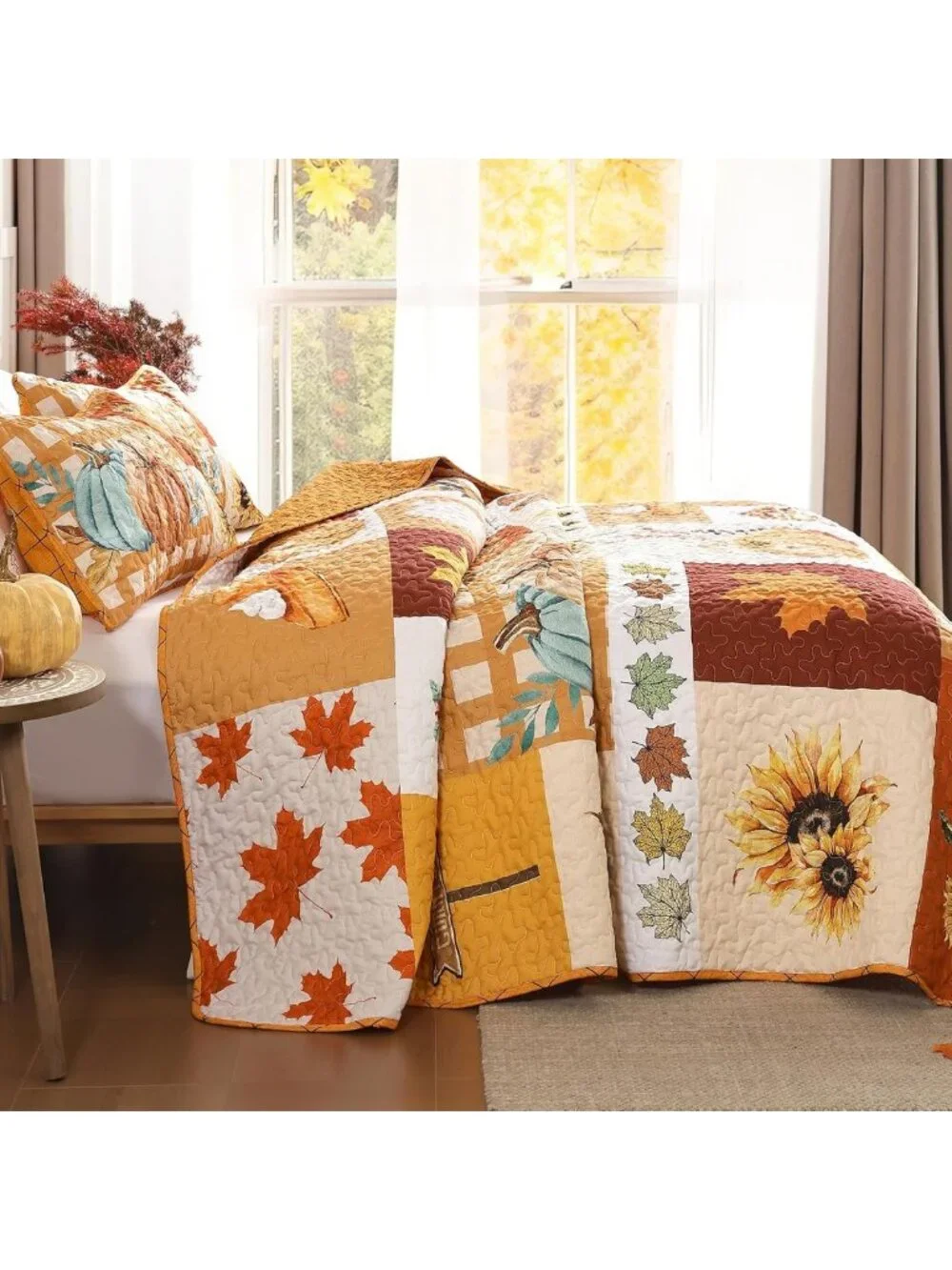 Cozy Fall Thanksgiving Queen Quilt - Pumpkin & Maple Leaves Bedspread Decor